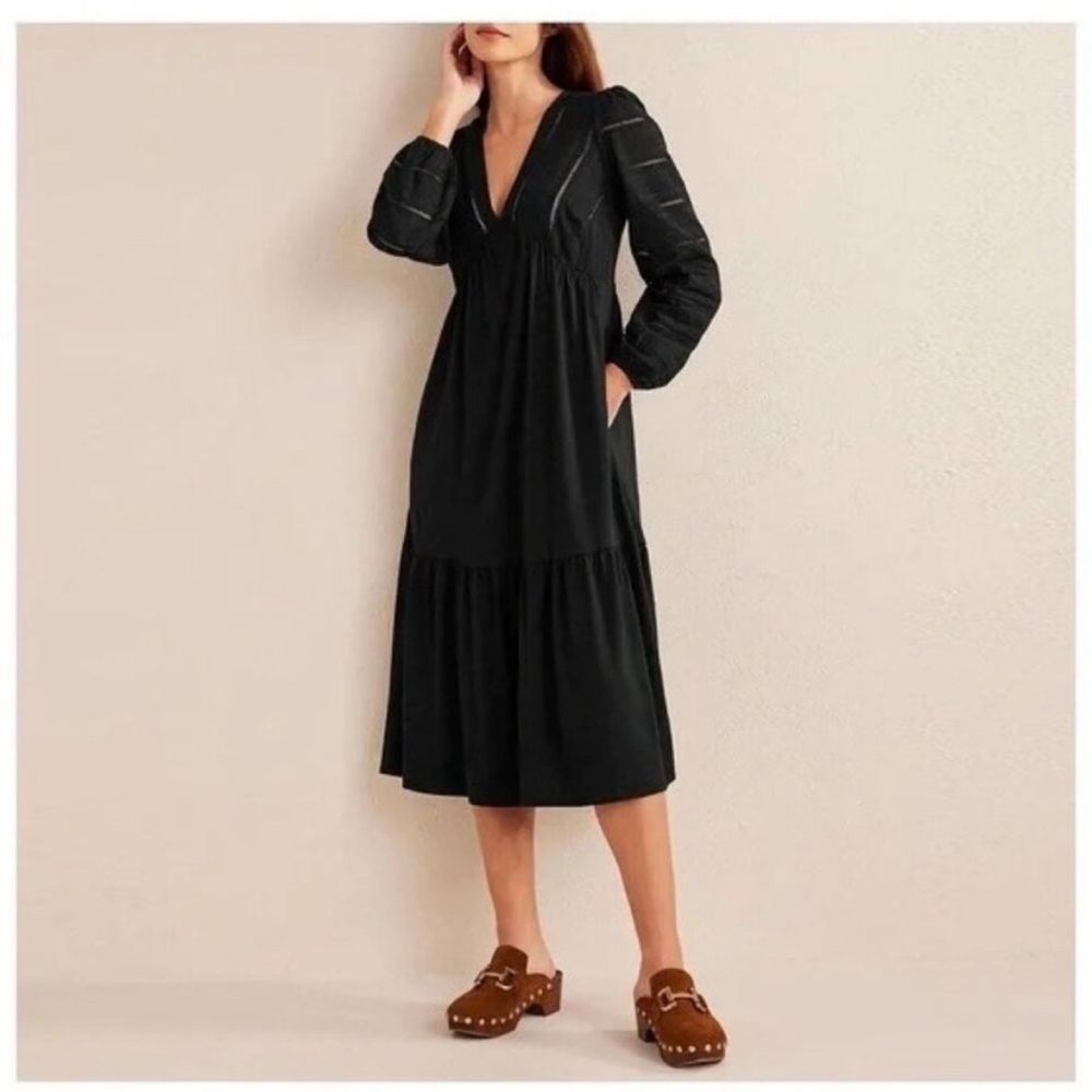 Boden black midi dress size 12P, broderie/ jersey mix. Cotton. EUC